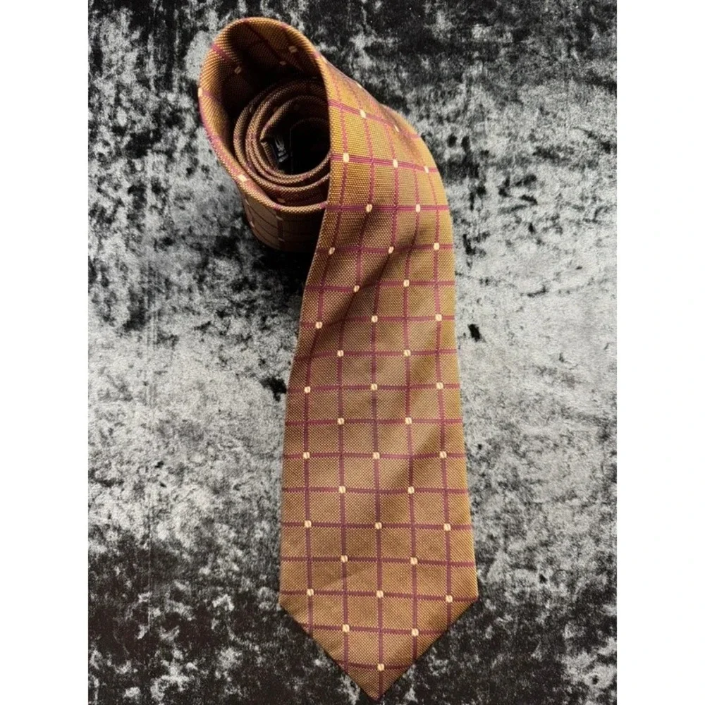 Nautica Men's 100% Silk Tie Brown Purple Grid Geometric Made Austria 4